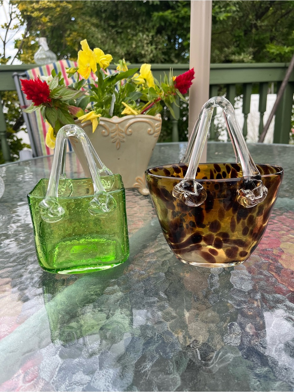 Set of 2 VTG Art Glass Purse Vases Tortoise Shell & Green Bubble Glass Handbags